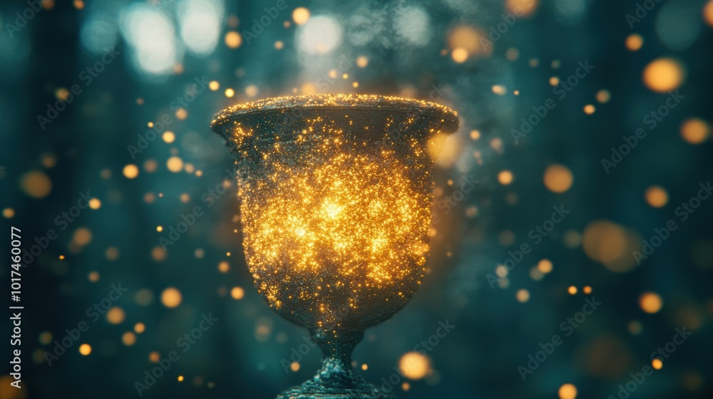 Poster a shining trophy cup emanates magical glowing particles, creating an enchanting atmosphere in a tran