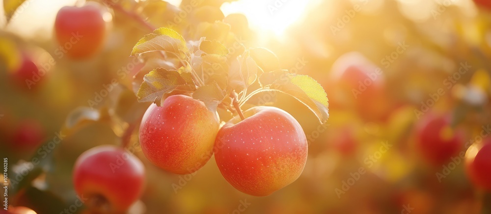 Poster close-up of ripe red apples on a branch of an apple tree with the sun shining through the leaves.