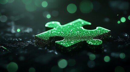 Shiny green puzzle piece on a dark background with sparkling bokeh effect, representing creativity and problem-solving.