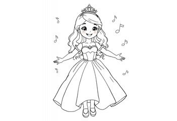 Fototapeta premium Princess in a Ball Gown with Musical Notes Outline Illustration