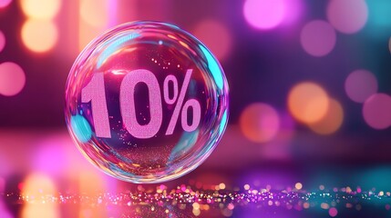 Colorful bubble with 10% discount symbol, bright blurred lights in background, ideal for promotional materials.