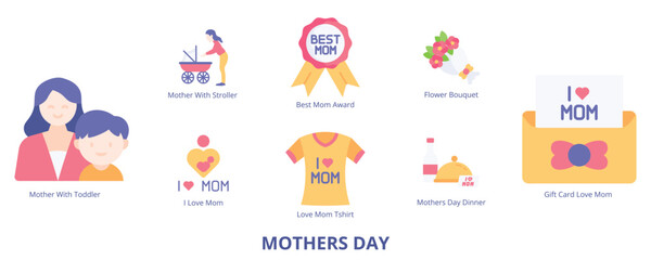 Fototapeta premium Mothers Day Flat Banner Web Icon Set Vector Illustration, Mother With Stroller Toddler I Love Mom Best Mom Award Flower Bouquet Gift Card T shirt Dinner