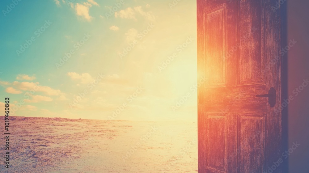 Poster an open door stands alone in a barren desert, illuminated by the warm glow of a setting sun, invitin