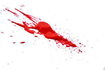 Blood splatters on white background. Red blots of watercolor Realistic bloody splatters for...