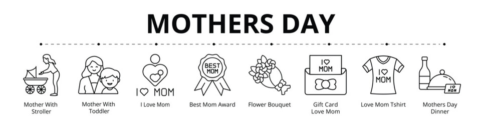 Mothers Day Line Banner Web Icon Set Vector Illustration, Mother With Stroller Toddler I Love Mom Best Mom Award Flower Bouquet Gift Card T shirt Dinner