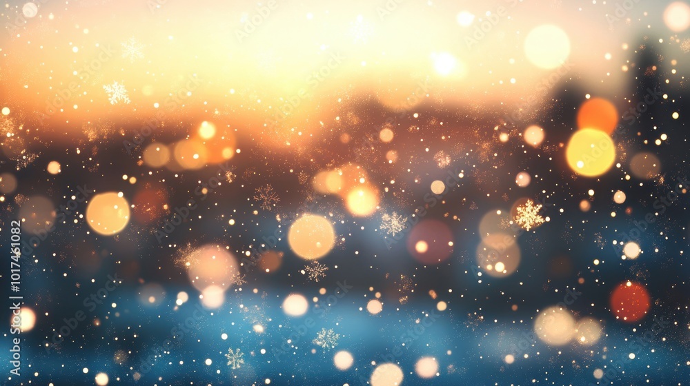 Poster delicate snowflakes fall softly over a blurred background of glowing bokeh lights, creating a magica