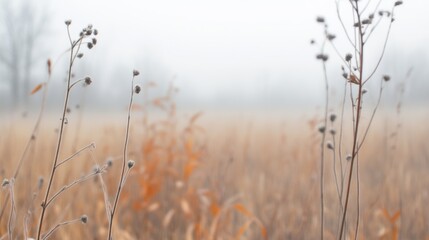 Obraz premium A tranquil winter scene unfolds with dry grass and scattered leaves blending into the fog. Nature appears serene and still