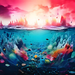 colorful abstract soundscape. symbolizing the Disrupted ocean due to plastic pollution. Fight for a silent Earth Day
