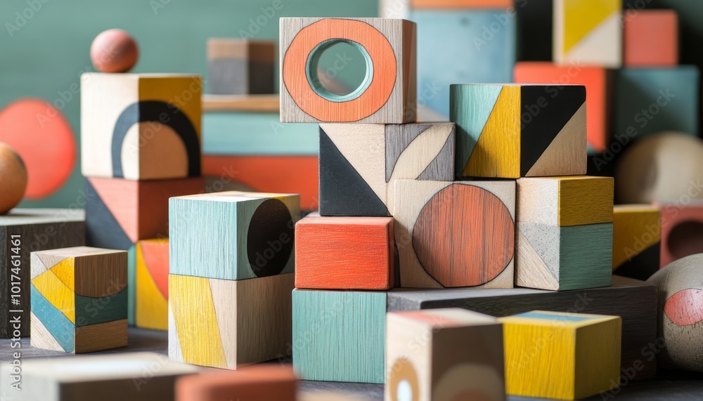 Poster colorful wooden blocks with geometric patterns stacked on a table.