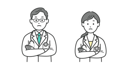 Obraz premium 腕組みをして考え込む医師男女の上半身イラスト
