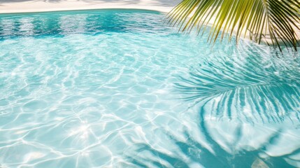 Shadows of palm leaves gently ripple on the sparkling surface of a tranquil pool surrounded by tropical beauty