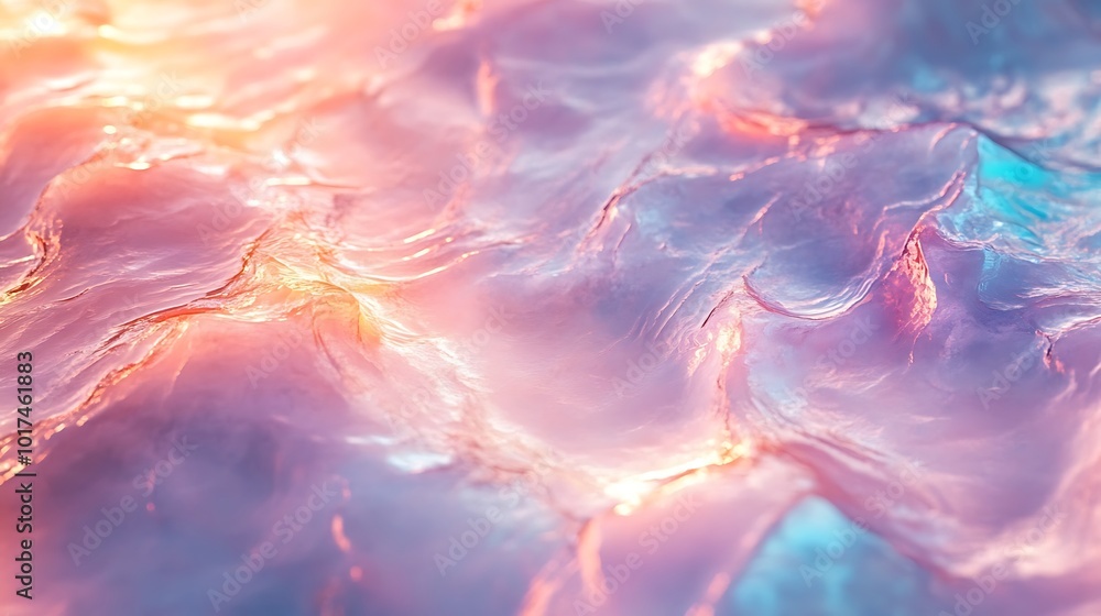 Poster a mesmerizing abstract image of flowing colors resembling shimmering water, with hints of pink, blue