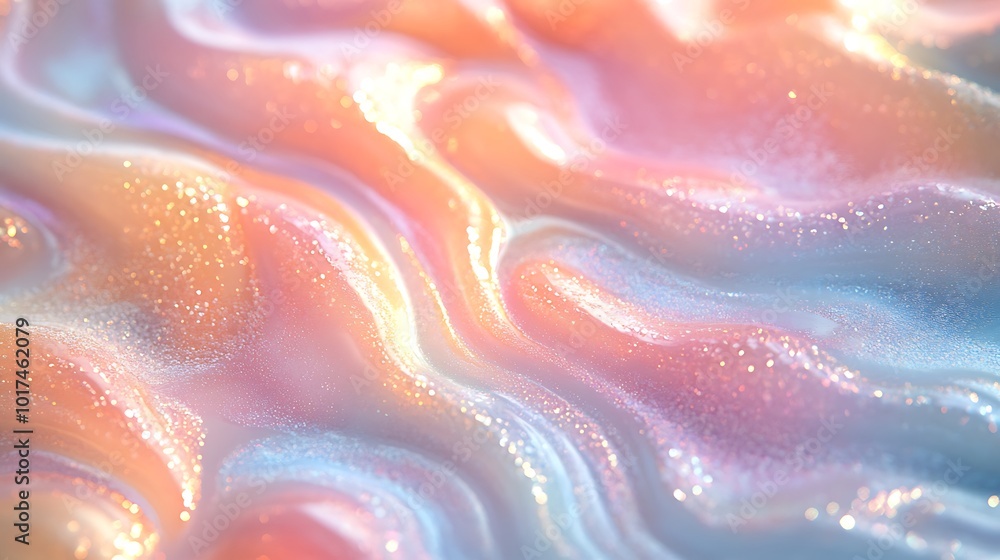 Poster a mesmerizing, iridescent surface with flowing pastel colors and sparkling glitter, creating a dream