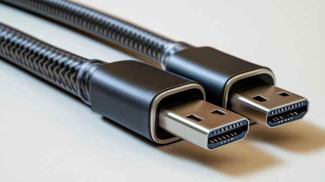 Two displayport cables with black connectors on a neutral background