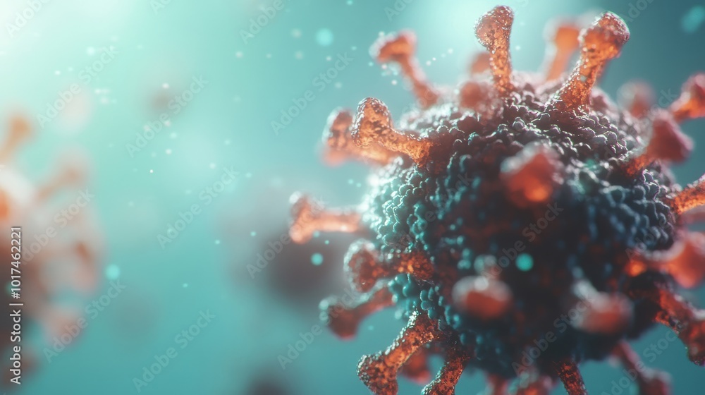 Poster the microscopic view reveals detailed structures of a virus, highlighting its complexity and biologi