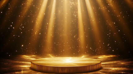 By the spotlight award ceremony stage with rays and sparks. Golden light stage. AI generate image