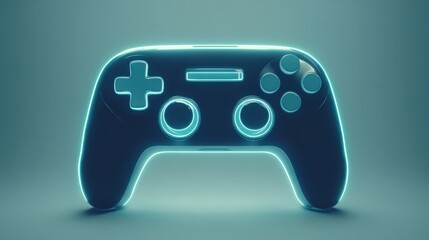Glowing futuristic game controller on minimalist blue background with lighting effects