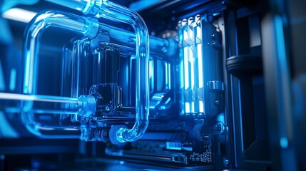 Close-up view of futuristic liquid cooling system in a computer