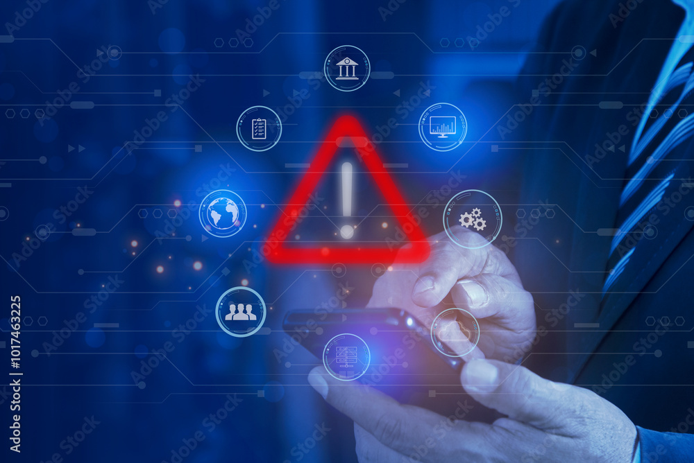 Poster businessman using smartphone with warning triangle. warning of dangerous problems server error. viru