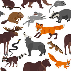 vector drawing seamless pattern with forest animals at white background, hand drawn illustration