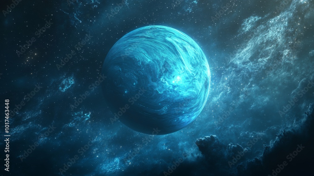 Poster a blue planet in space with a swirling cloud of gas in the foreground and a star field in the backgr