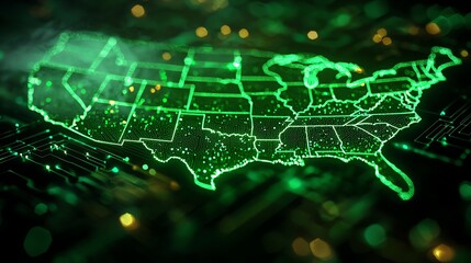 A digital map of the United States displayed in vibrant green tones with illuminated connections and technology elements.