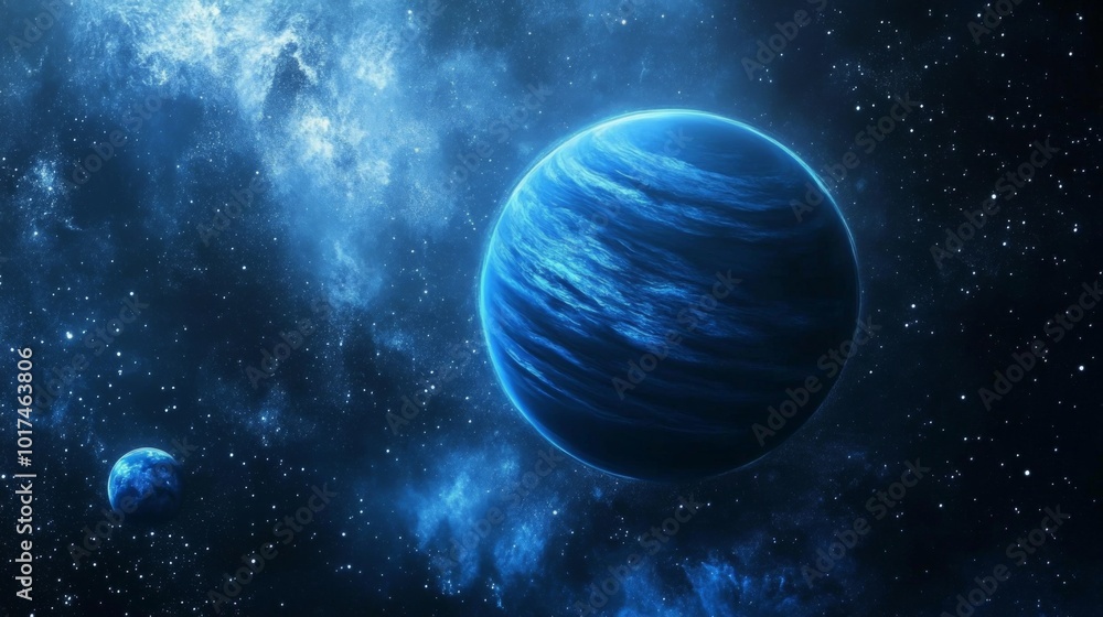 Poster a blue planet with stripes and a smaller planet in the distance, surrounded by stars and a blue nebu