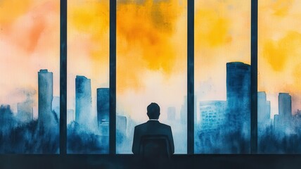 Fototapeta premium A solitary figure gazes out at a vibrant city skyline during sunset, framed by large windows, evoking contemplation and ambition.