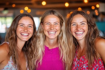 Fototapeta premium Three smiling women in casual outfits