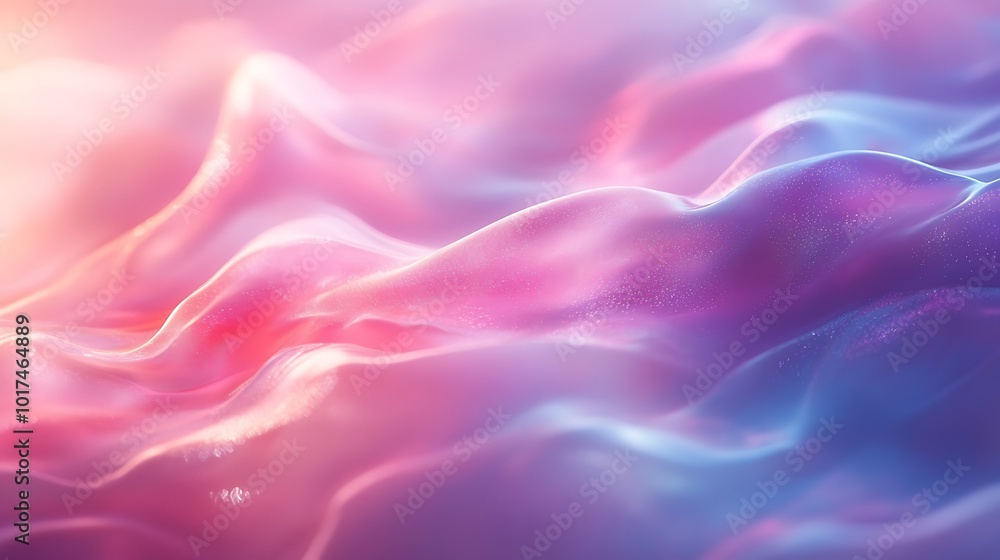 Poster a vibrant, flowing abstract design featuring soft, undulating waves in shades of pink and blue with 