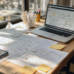 A detailed flat-lay of a business plan brainstorming session.