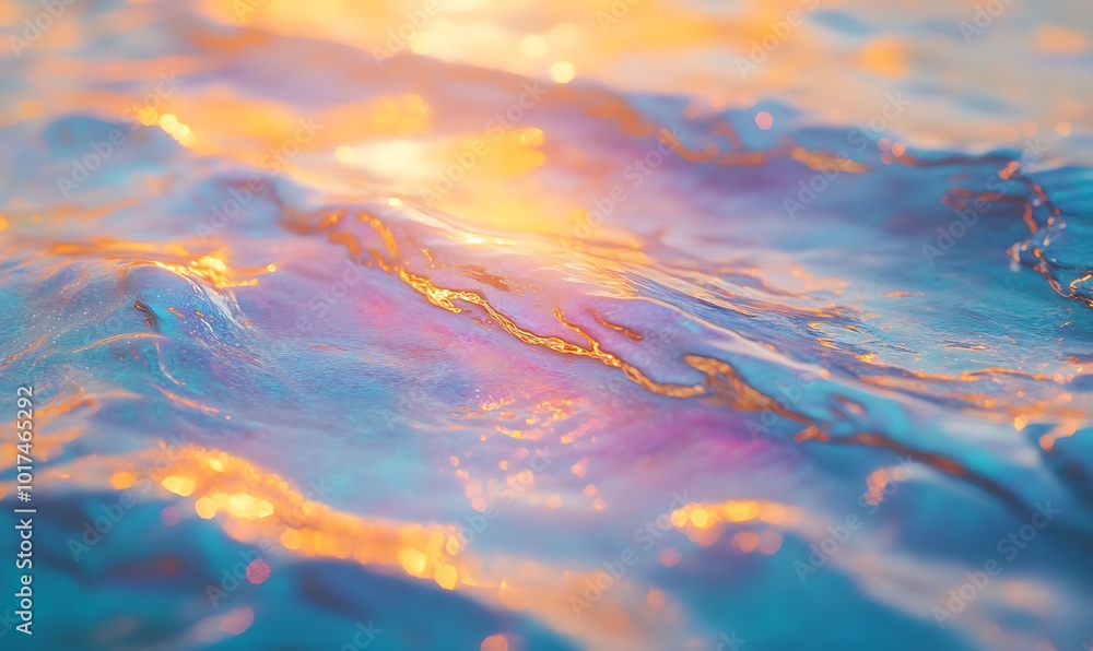 Poster a close-up of shimmering water reflecting warm light, showcasing vibrant colors and gentle waves, cr