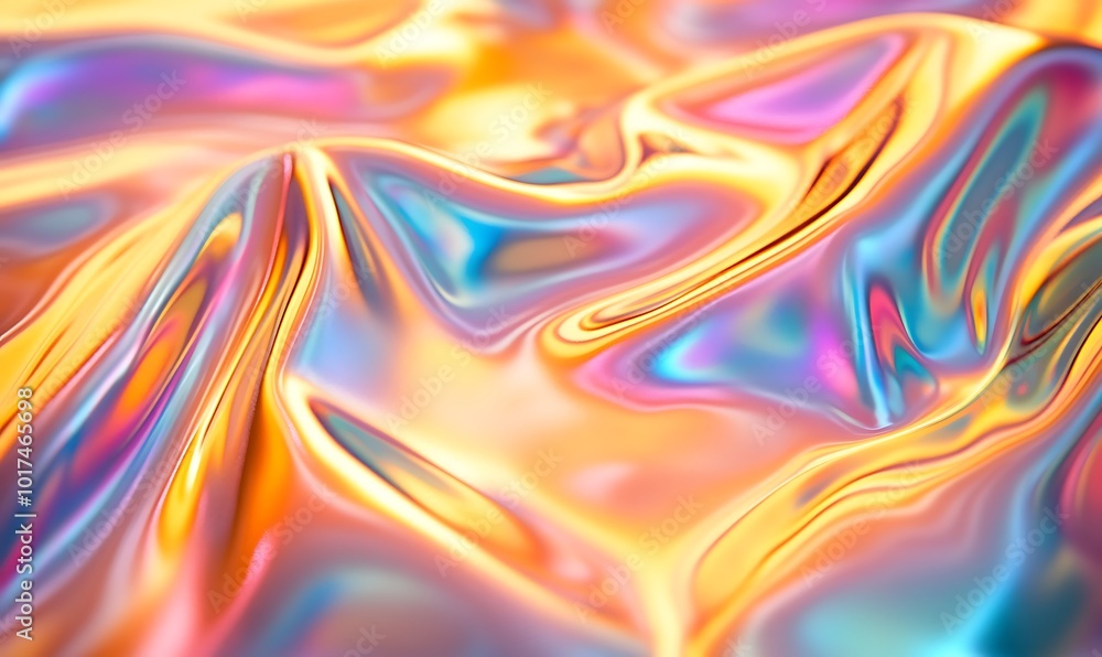 Poster A vibrant, iridescent fabric texture flowing with colorful waves and glossy reflections, creating a visually striking and dynamic surface.