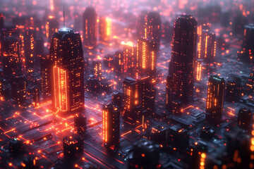 Fototapeta premium An abstract 3D grid of interconnected nodes and digital pathways and futuristic digital cityscape