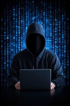 Anonymous hacker using laptop with code backdrop