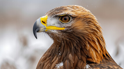 Obraz premium Large brown eagle with yellow beak and yellow eyes