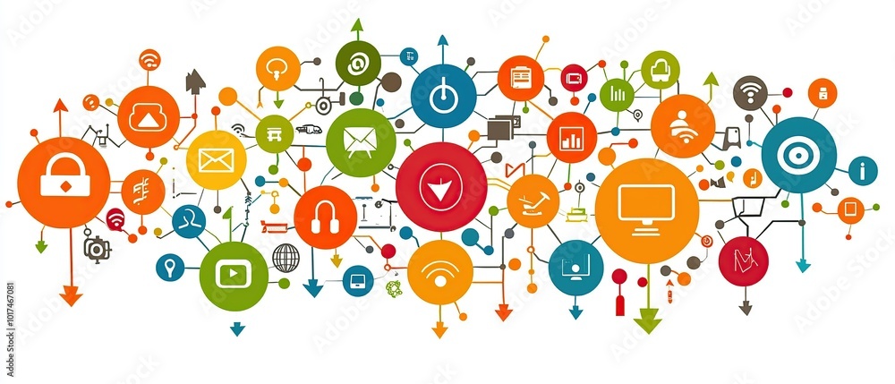 Poster colorful abstract illustration of a network of connected icons representing various digital concepts