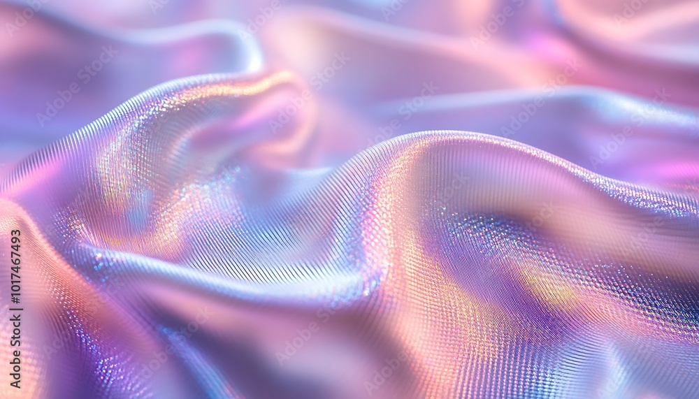 Poster A close-up of shimmering, iridescent fabric displaying soft folds and gentle gradients of pastel colors.