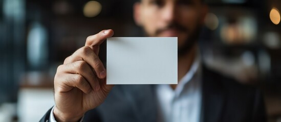 Close-up of a businessman's hand holding a blank white card.