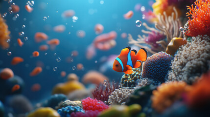 vibrant underwater scene showcases colorful coral reef teeming with marine life, including clownfish swimming among corals. atmosphere is lively and enchanting, filled with bubbles and diverse coral