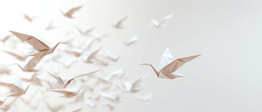 Flock of origami-style paper cranes in flight formation on white