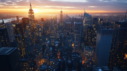 Obraz premium stunning city skyline at sunset, showcasing towering skyscrapers and vibrant lights. warm glow of setting sun reflects off buildings, creating breathtaking urban landscape