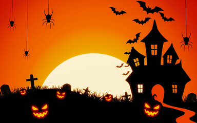 Halloween background for party invitation. orange halloween banner or background with cutest pumpkins spider and bats. Silhouette image on the theme of Halloween, grass and spiders. 3D Rendering