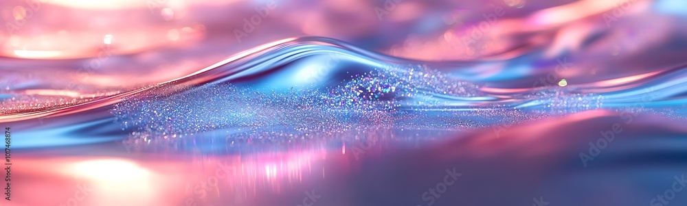 Poster a serene, colorful wave of water with iridescent hues and sparkling droplets, creating a captivating