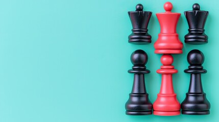A set of chess pieces arranged on a teal background, featuring red and black pawns and a queen, symbolizing strategy and competition.