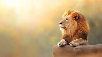 Obraz premium serene portrait of lion with soft colors and majestic expression, showcasing its powerful presence in tranquil setting. warm background enhances lions regal features