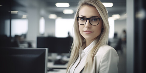 Portrait of Young Businesswoman in Eyeglasses in White Suit at Modern Office, Looking at Camera