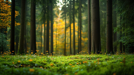 Obraz premium serene forest landscape featuring tall trees and vibrant autumn foliage. ground is covered with lush green grass and scattered wildflowers, creating peaceful and inviting atmosphere