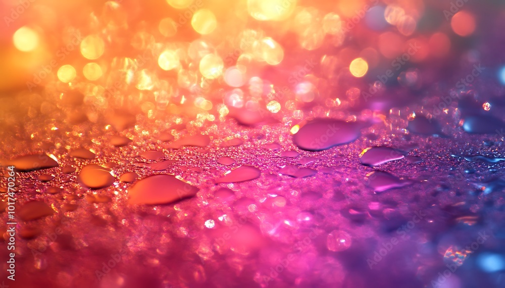 Poster a vibrant, colorful backdrop featuring droplets of water reflecting light, creating a dreamy, shimme