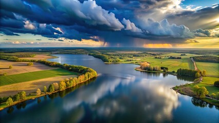 Aerial landscape of countryside with lake and storm clouds at evening in spring